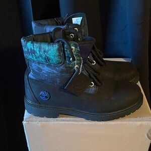 Timberland Black Boots with Teal Iridescent Collar